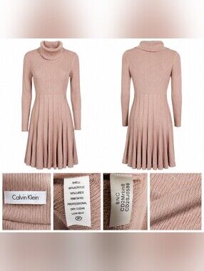 Calvin Klein Sweater Dress S Pink Metallic Ribbed Turtleneck Fit Flare Knit.